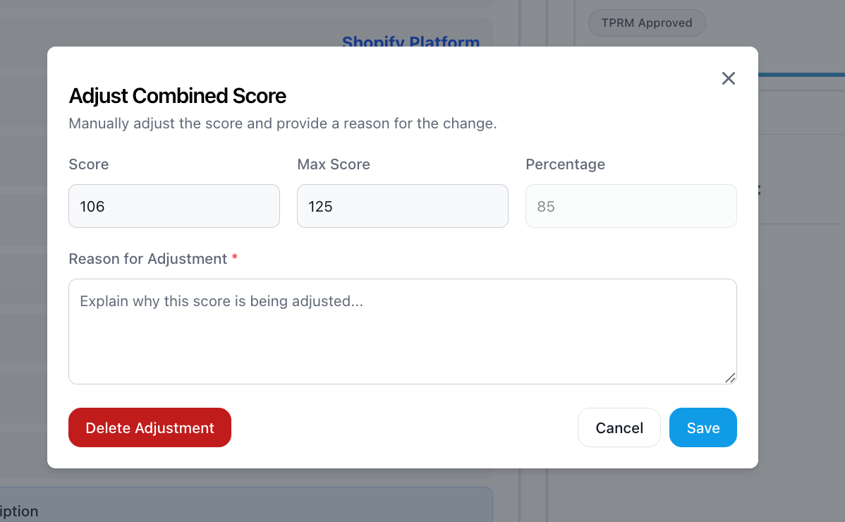 Adjust Combined Score dialog with Score, Max Score, Percentage, and Reason fields