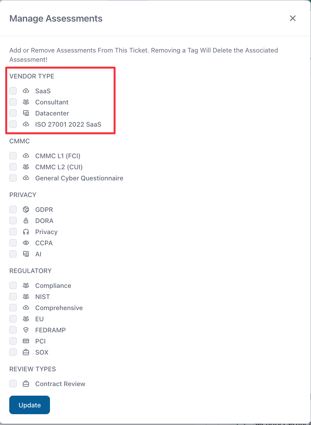 Manage Assessments dialog with the SaaS tag unchecked under Vendor Type