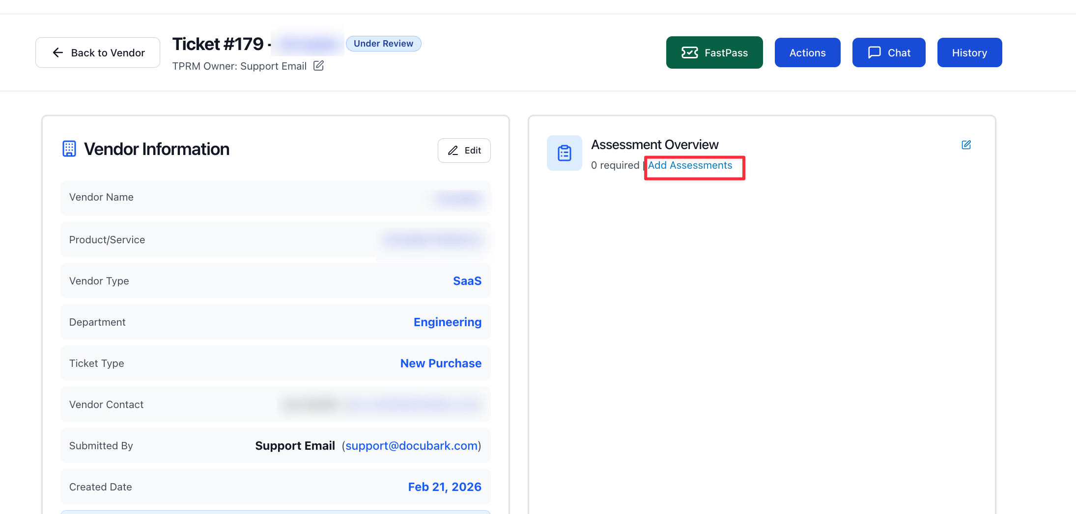 Ticket Assessment Overview showing 0 required with the Add Assessments link highlighted