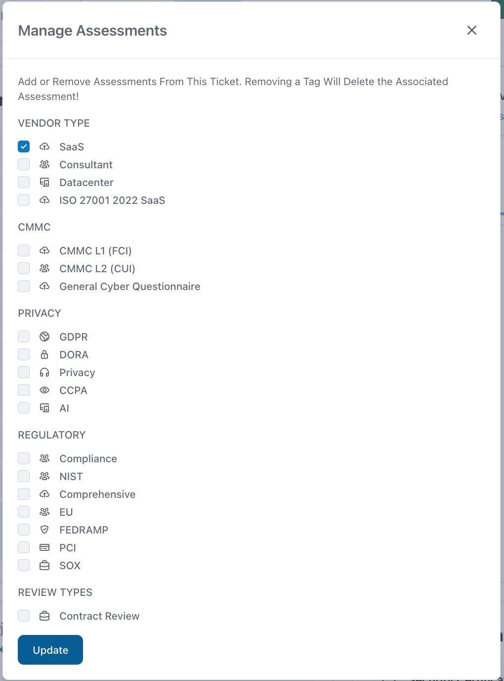 Manage Assessments dialog with the SaaS tag checked under Vendor Type