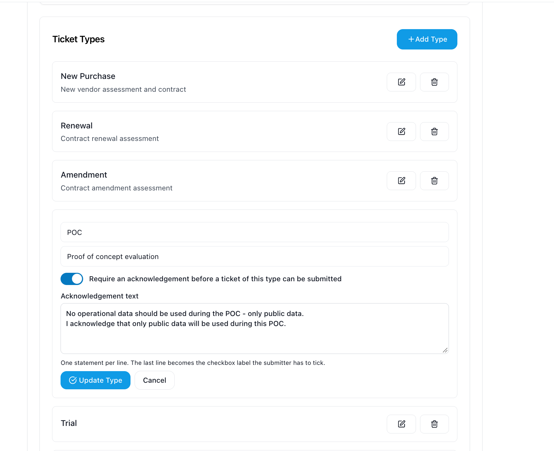 Editing the POC ticket type with the acknowledgement toggle on and the acknowledgement text below