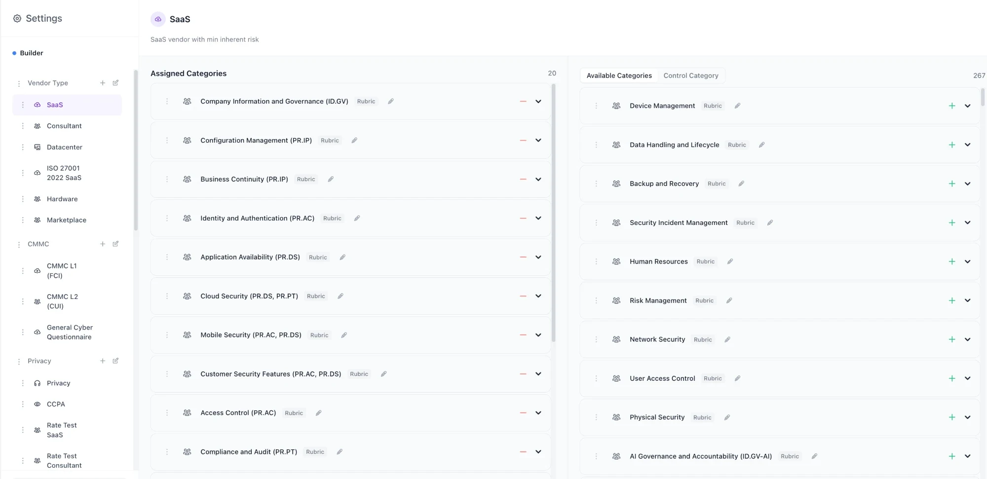 Builder page with vendor types on the left and assigned control categories on the right