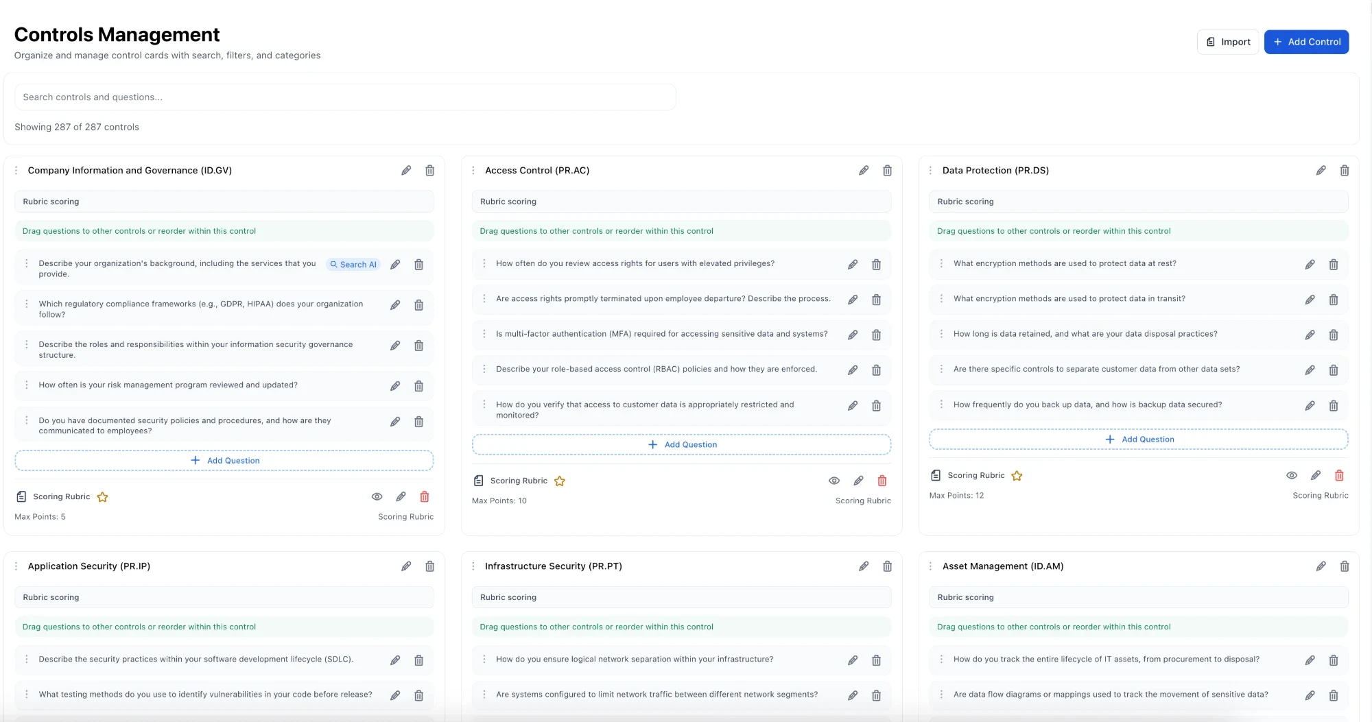 Controls Management page showing control cards with their questions and scoring rubrics