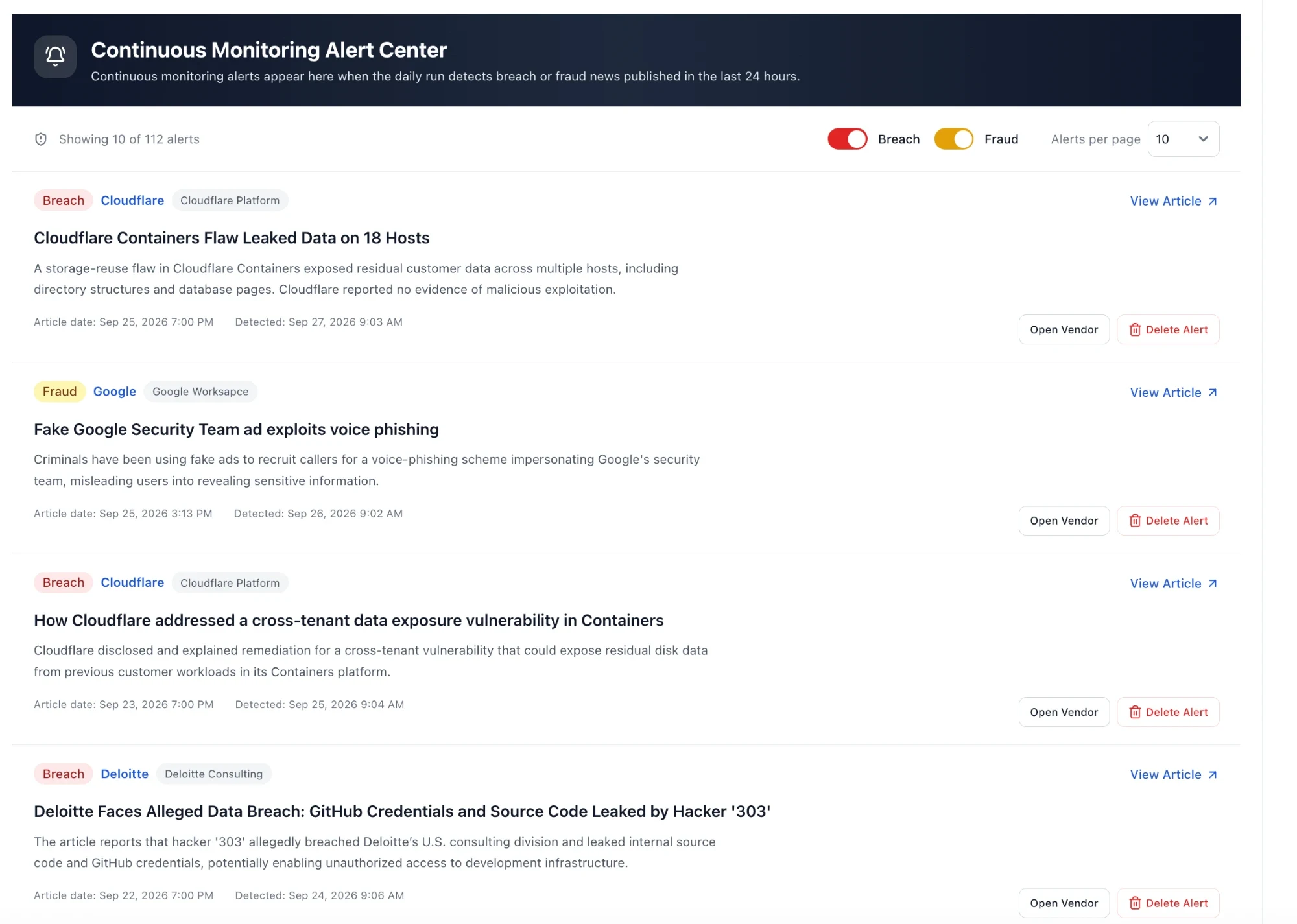 Continuous Monitoring Alert Center listing breach and fraud alerts for vendors