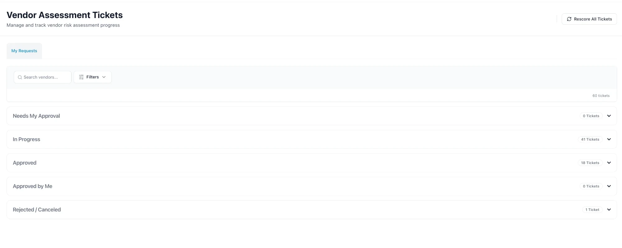 My Requests page with tickets grouped into Needs My Approval, In Progress, Approved, and Rejected