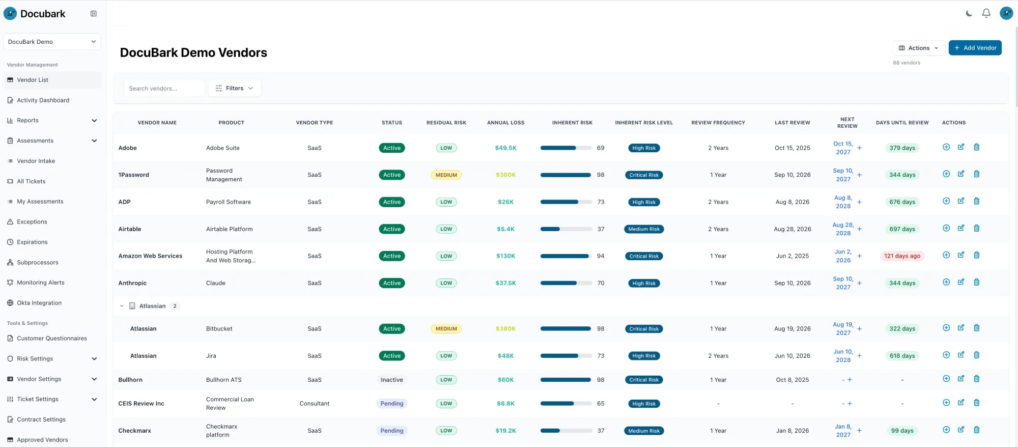 Vendor list table with status, residual risk, annual loss, inherent risk, and review dates